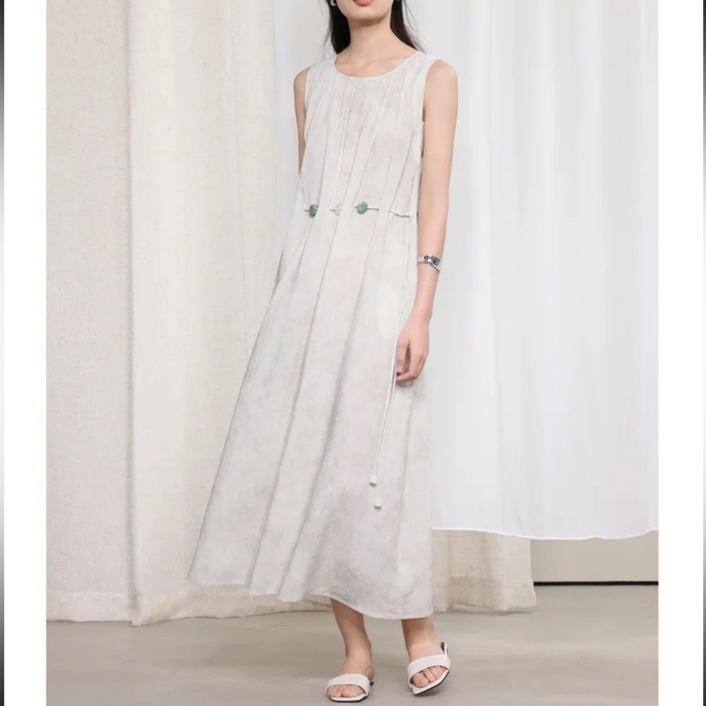 MOMO ERA Summer Boho Neutral Dress with Beaded Waist S